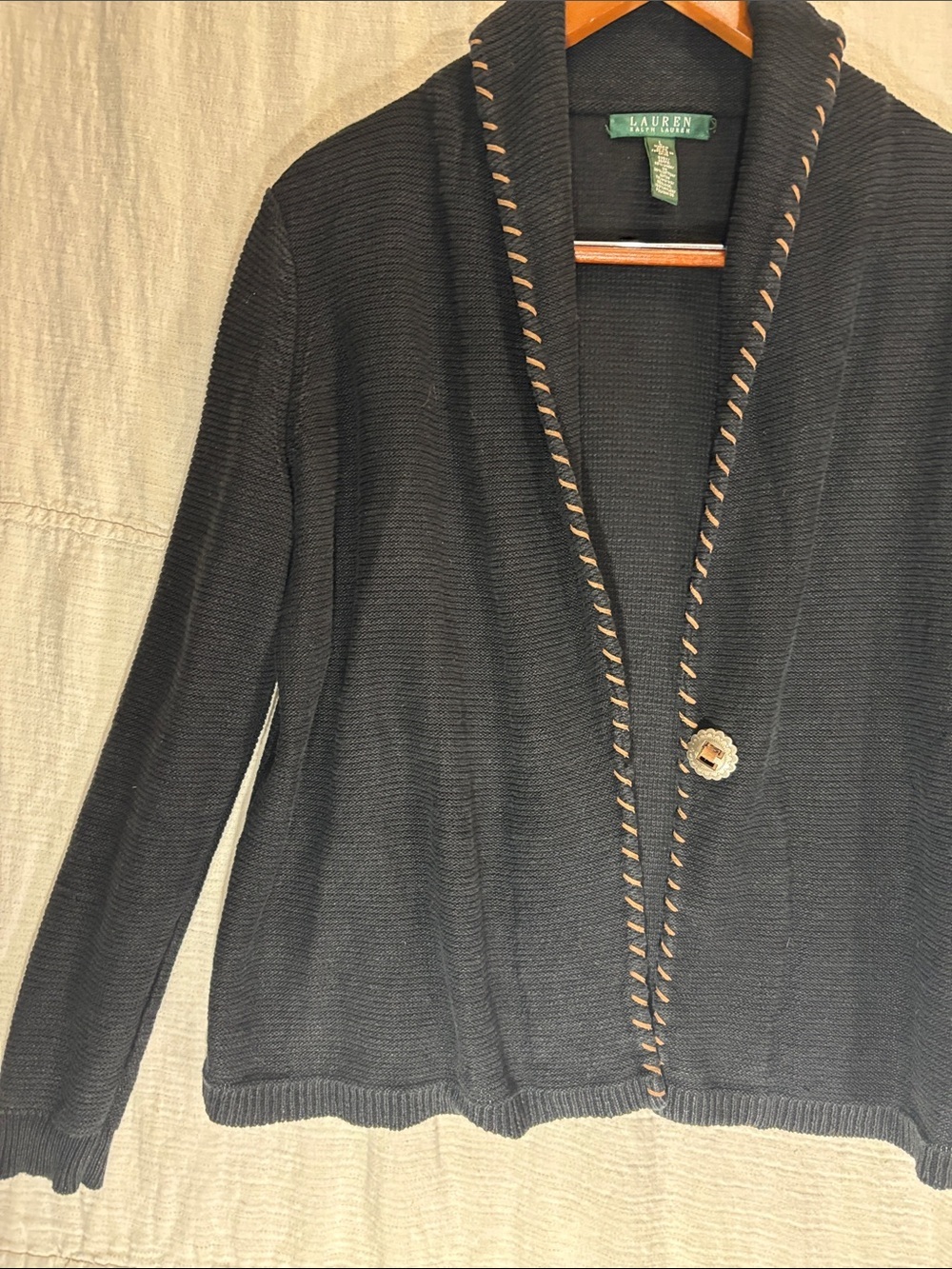 Lauren Ralph Lauren Black Cardigan with Tan Whipstitch Trim Linen Cotton Blend - Picture 6 of 10